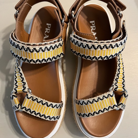 Prada Yellow And Jaquard And Leather Platform Espadrilles - Picture 3 of 5
